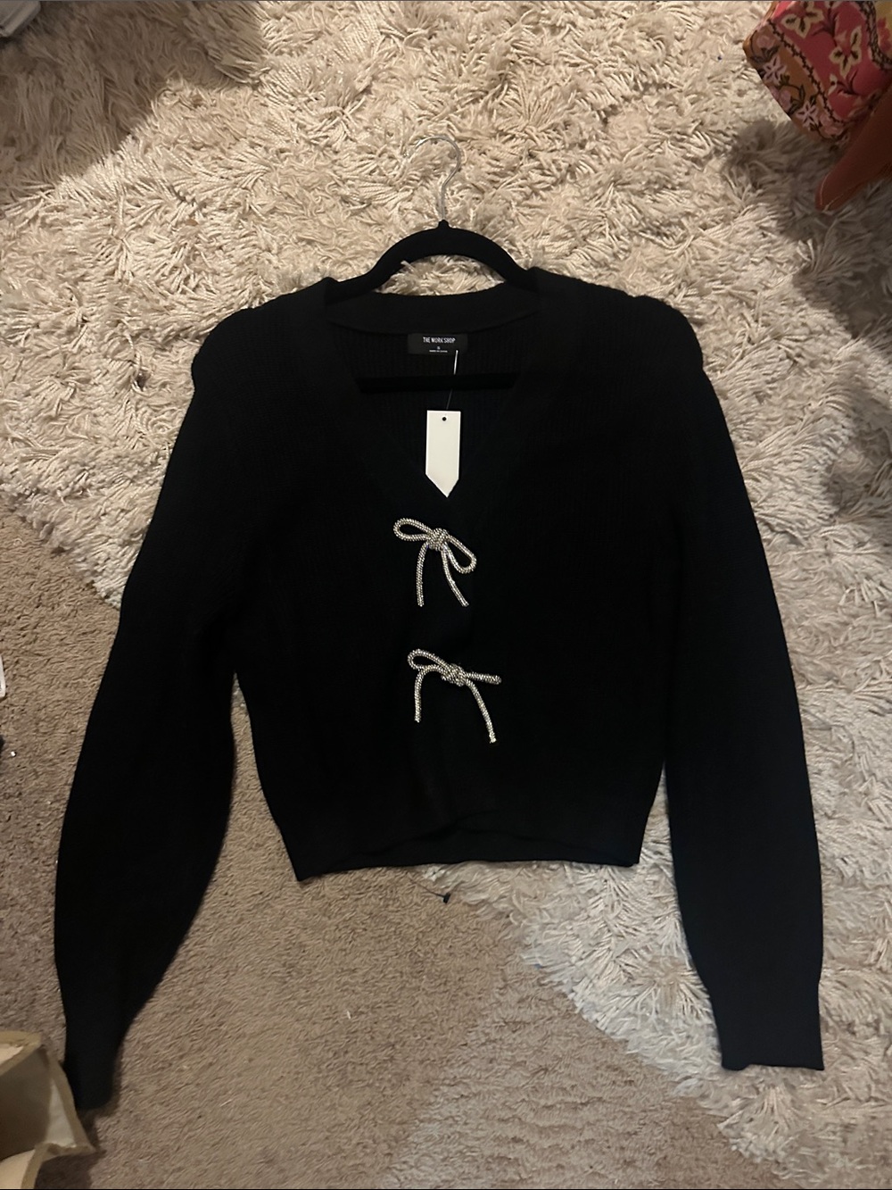 Workshop Republic Clothing Black Sweater Cardigan with Silver Bow Ties